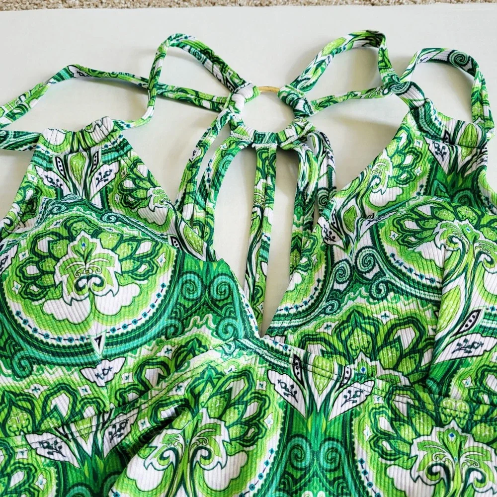 Cupshe Womens Green Paisley Tankini‎ Set High Waisted Ribbed Swimsuit Large NEW